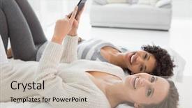  Presentation with text message - Audience pleasing slide set consisting of portrait of two relaxed smiling young female friends reading text message while lying in bed at home backdrop and a soft green colored foreground