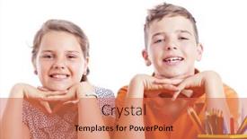  Presentation with school desk - Slides with portrait of two school kids at the desk isolated on white background background and a coral colored foreground