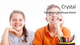  Presentation with school desk - Slide deck featuring portrait of two school kids at the desk isolated on white background background and a white colored foreground