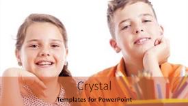  Presentation with school desk - Cool new theme with portrait of two school kids at the desk isolated on white background backdrop and a red colored foreground