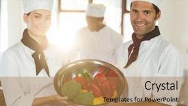  Presentation with chef - Theme enhanced with portrait of two smiling chef holding a bowl of vegetable in commercial kitchen background and a coral colored foreground