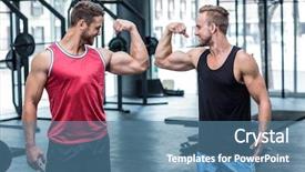  Presentation with flexing - Presentation theme having two smiling muscular men flex background and a teal colored foreground