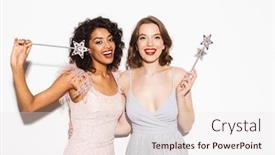  Presentation with magical - Beautiful slide set featuring portrait of two smiling well dressed women having fun with magical wands isolated over white background backdrop and a sky blue colored foreground
