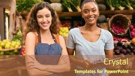  Presentation with women - PPT theme enhanced with portrait-of-two-smiling-women and a red colored foreground