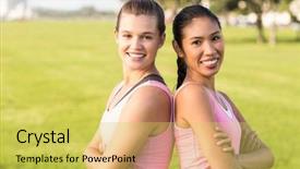  Presentation with breast cancer - PPT theme featuring portrait of two smiling women wearing pink for breast cancer in parkland background and a yellow colored foreground
