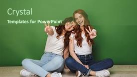  Presentation with peace - Slide set with portrait of two smiling young redhead girls sitting on a floor and showing peace gesture isolated over green background background and a tawny brown colored foreground