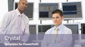  Presentation with stock share - Audience pleasing presentation theme consisting of portrait of two stock traders backdrop and a  colored foreground