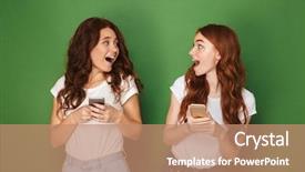  Presentation with cell phones - Presentation design featuring portrait of two teen women background and a coral colored foreground