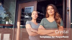  Presentation with business women - Slide deck consisting of portrait-of-two-women-starting background and a coral colored foreground