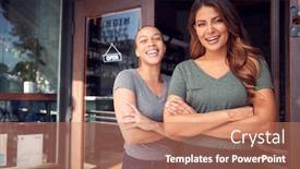  Presentation with business women - Beautiful theme featuring portrait-of-two-women-starting backdrop and a coral colored foreground