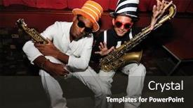  Presentation with funky - Colorful presentation design enhanced with portrait-of-two-young-male backdrop and a dark gray colored foreground