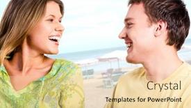  Presentation with speaking - Audience pleasing presentation theme consisting of portrait of two young people speaking to each other and laughing on the background of sea backdrop and a lemonade colored foreground
