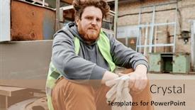  Presentation with scrap metal - PPT layouts featuring portrait-of-unhappy-volunteer-resting background and a coral colored foreground