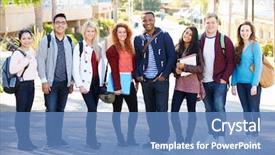  Presentation with students on campus - Presentation theme having portrait of university students outdoors background and a  colored foreground