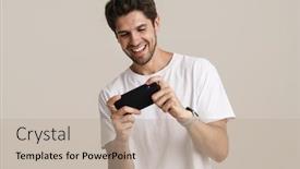  Presentation with phone - Slide set enhanced with portrait-of-unshaven-excited-man background and a mint green colored foreground