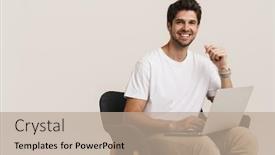  Presentation with working - Colorful slide set enhanced with portrait-of-unshaven-laughing-man backdrop and a coral colored foreground