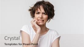  Presentation with basic - PPT theme enhanced with portrait of upset woman with short brown hair in basic t-shirt frowning and looking at camera isolated over white background background and a soft green colored foreground