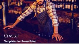  Presentation with pub - Beautiful slide deck featuring portrait of waiter standing at counter in pub backdrop and a navy blue colored foreground