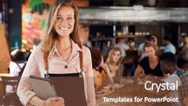  Presentation with waitress - Slide deck having portrait of waitress holding menus background and a tawny brown colored foreground