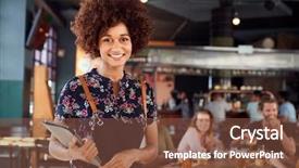  Presentation with restaurant menu - Beautiful PPT theme featuring portrait of waitress holding menus backdrop and a tawny brown colored foreground