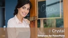  Presentation with waitress - Slide deck enhanced with portrait of waitress standing at the entrance of coffee shop background and a coral colored foreground