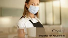  Presentation with face mask - PPT theme with portrait-of-waitress-wearing-face background and a coral colored foreground