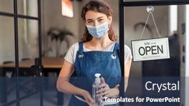  Presentation with face mask - Beautiful presentation theme featuring portrait-of-waitress-wearing-face backdrop and a ocean colored foreground