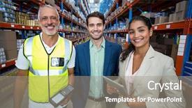  Presentation with scanner - Theme featuring portrait of warehouse team standing background and a gray colored foreground