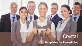  Presentation with gold trophy - Amazing slide deck having portrait of winning business team backdrop and a coral colored foreground