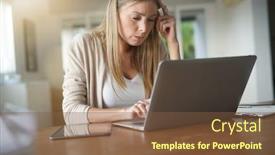  Presentation with laptop - Amazing PPT layouts having portrait-of-woman-at-home backdrop and a tawny brown colored foreground
