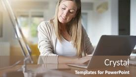  Presentation with laptop - Beautiful PPT layouts featuring portrait-of-woman-at-home backdrop and a violet colored foreground