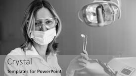  Presentation with dental instrument - Audience pleasing slide set consisting of portrait of woman dentist doctor with instrument in dental office black and white photo backdrop and a light gray colored foreground