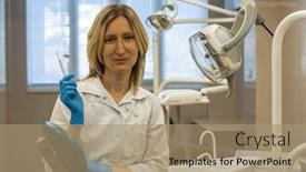  Presentation with dental instrument - Cool new PPT theme with portrait of woman dentist doctor with instrument in dental office medicine and science stomatology and healthcare concept backdrop and a coral colored foreground