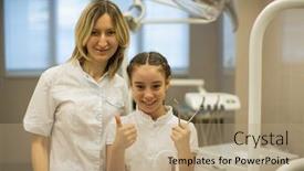  Presentation with dental child - Cool new slide deck with portrait-of-woman-dentist backdrop and a coral colored foreground