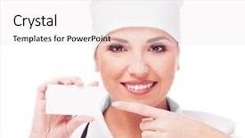  Presentation with business card - Cool new presentation theme with portrait of woman doctor with a business card isolated on white background backdrop and a white colored foreground