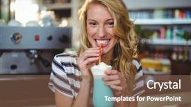  Presentation with milkshake - Amazing PPT theme having sip - portrait of woman drinking milkshake backdrop and a violet colored foreground