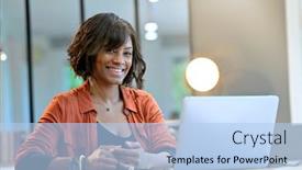  Presentation with entrepreneur - Audience pleasing theme consisting of portrait-of-woman-entrepreneur-working backdrop and a light blue colored foreground