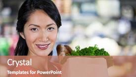  Presentation with grocery bag - Amazing PPT layouts having portrait of woman holding groceries in grocery bag of supermarket backdrop and a coral colored foreground