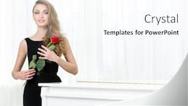  Presentation with black art - Beautiful PPT theme featuring portrait of woman in black dress handing red rose and standing near the piano concept of music and art backdrop and a pink colored foreground
