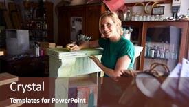  Presentation with upcycling - Slide deck with portrait-of-woman-in-workshop background and a tawny brown colored foreground