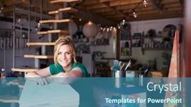  Presentation with upcycling - PPT layouts consisting of portrait-of-woman-in-workshop background and a ocean colored foreground