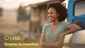  Presentation with cabin - Presentation theme featuring portrait-of-woman-loading-backpack background and a coral colored foreground