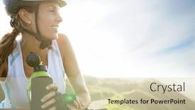  Presentation with biking - Presentation theme enhanced with portrait of woman on biking journey drinking water from bottle background and a soft green colored foreground