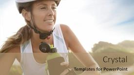  Presentation with biking - Presentation theme with portrait of woman on biking journey drinking water from bottle background and a coral colored foreground