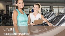  Presentation with treadmill - Audience pleasing PPT layouts consisting of portrait of woman on treadmill and trainer at the gym backdrop and a coral colored foreground