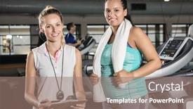  Presentation with treadmill - Beautiful PPT layouts featuring portrait of woman on treadmill and trainer at the gym backdrop and a coral colored foreground