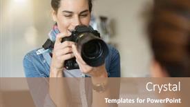  Presentation with shooting - PPT theme featuring portrait of woman photographer on a shooting day background and a coral colored foreground