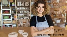  Presentation with pottery - PPT layouts consisting of portrait of woman pottery artist in art studio background and a coral colored foreground