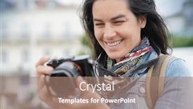  Presentation with reflex - Colorful PPT theme enhanced with portrait-of-woman-reporter-taking backdrop and a coral colored foreground