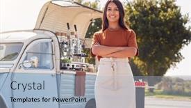  Presentation with coffee shop - PPT theme with portrait-of-woman-running-independent background and a light blue colored foreground